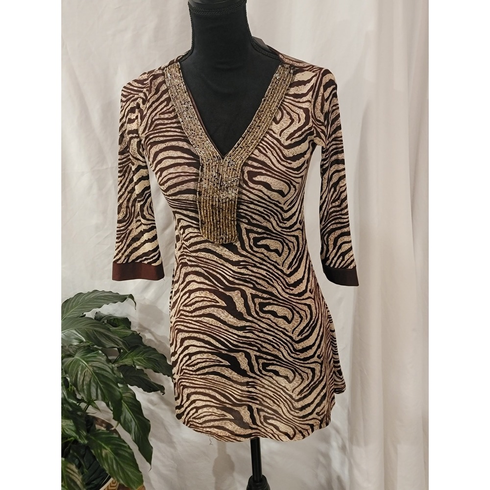 Victoriya Zebra Print Beaded V-Neck Mesh Tunic Top Brown Tan 3/4 Sleeve Boho